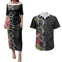 Hawaii DNA Kakau Tattoo Couples Matching Puletasi and Hawaiian Shirt with Plumeria and Hibiscus Tropical Plants Black Color