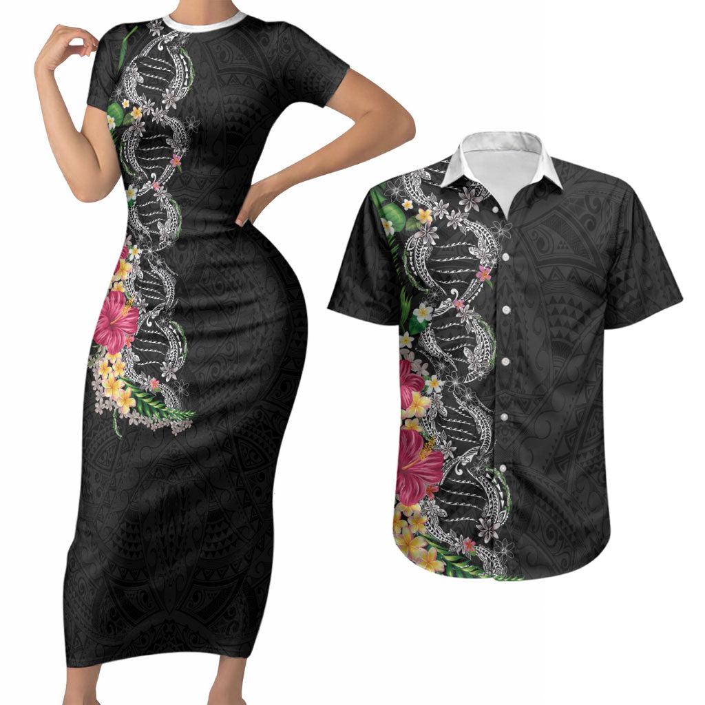 Hawaii DNA Kakau Tattoo Couples Matching Short Sleeve Bodycon Dress and Hawaiian Shirt with Plumeria and Hibiscus Tropical Plants Black Color