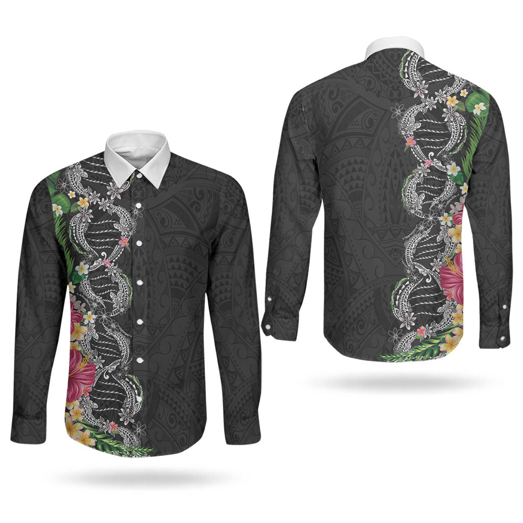Hawaii DNA Kakau Tattoo Couples Matching Short Sleeve Bodycon Dress and Long Sleeve Button Shirt with Plumeria and Hibiscus Tropical Plants Black Color