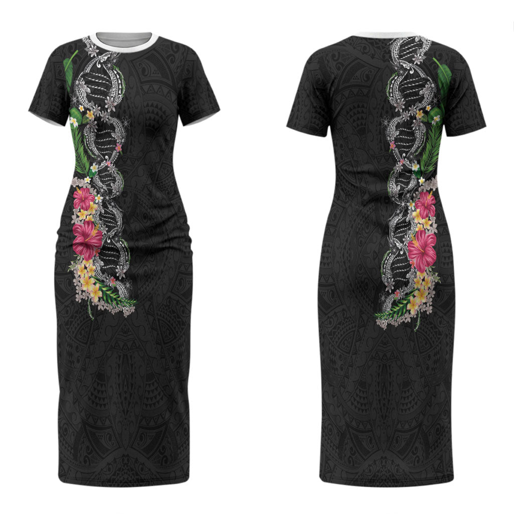 Hawaii DNA Kakau Tattoo Couples Matching Short Sleeve Bodycon Dress and Long Sleeve Button Shirt with Plumeria and Hibiscus Tropical Plants Black Color