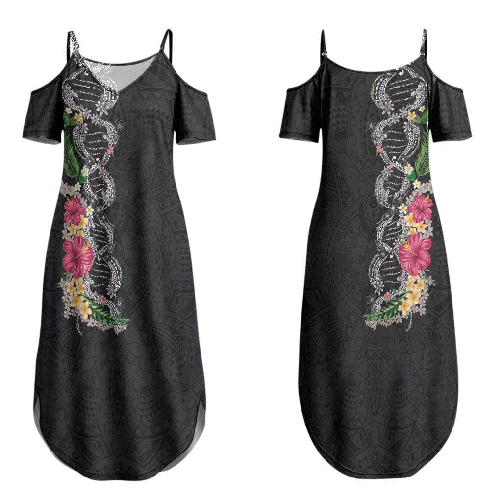 Hawaii DNA Kakau Tattoo Couples Matching Summer Maxi Dress and Hawaiian Shirt with Plumeria and Hibiscus Tropical Plants Black Color