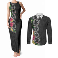 Hawaii DNA Kakau Tattoo Couples Matching Tank Maxi Dress and Long Sleeve Button Shirt with Plumeria and Hibiscus Tropical Plants Black Color