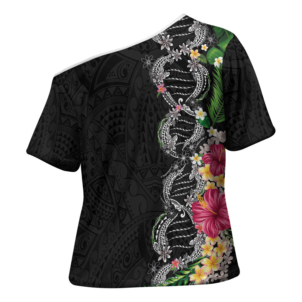 Hawaii DNA Kakau Tattoo Cross Shoulder Shirt with Plumeria and Hibiscus Tropical Plants Black Color