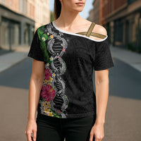 Hawaii DNA Kakau Tattoo Cross Shoulder Shirt with Plumeria and Hibiscus Tropical Plants Black Color