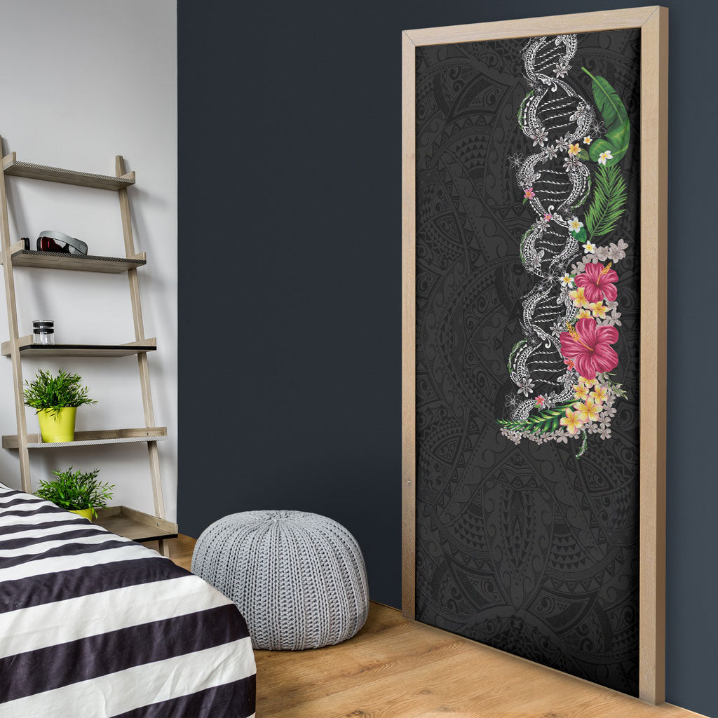 Hawaii DNA Kakau Tattoo Door Cover with Plumeria and Hibiscus Tropical Plants Black Color