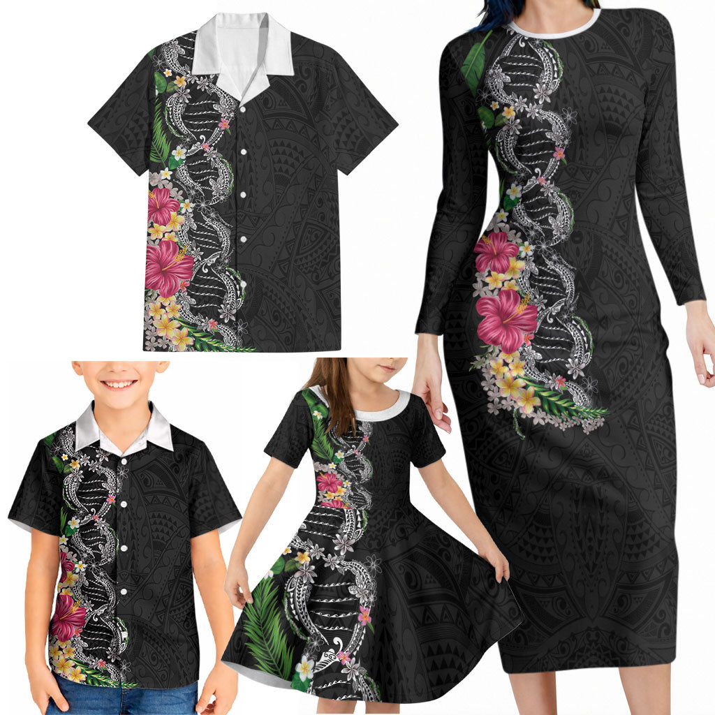 Hawaii DNA Kakau Tattoo Family Matching Long Sleeve Bodycon Dress and Hawaiian Shirt with Plumeria and Hibiscus Tropical Plants Black Color