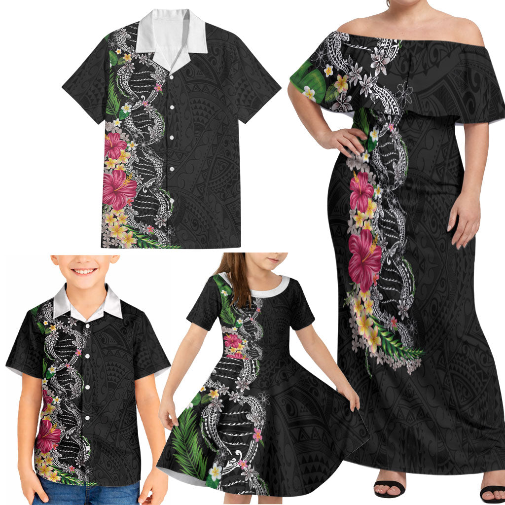 Hawaii DNA Kakau Tattoo Family Matching Off Shoulder Maxi Dress and Hawaiian Shirt with Plumeria and Hibiscus Tropical Plants Black Color