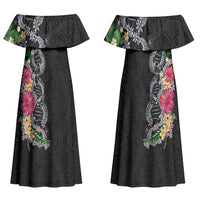 Hawaii DNA Kakau Tattoo Family Matching Off Shoulder Maxi Dress and Hawaiian Shirt with Plumeria and Hibiscus Tropical Plants Black Color