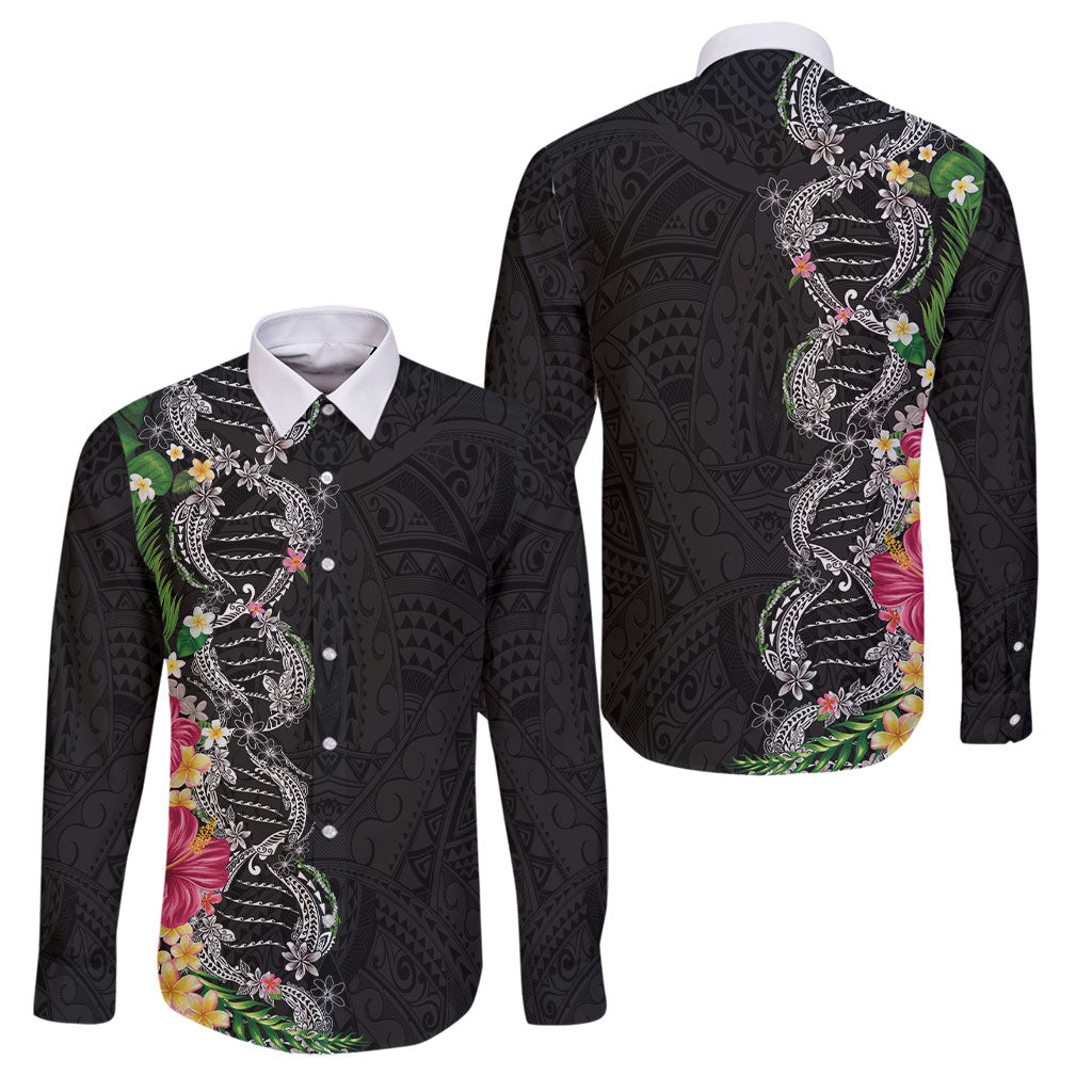 Hawaii DNA Kakau Tattoo Family Matching Off Shoulder Maxi Dress and Hawaiian Shirt with Plumeria and Hibiscus Tropical Plants Black Color