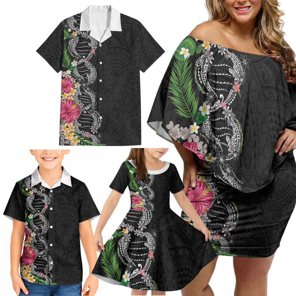 Hawaii DNA Kakau Tattoo Family Matching Off Shoulder Short Dress and Hawaiian Shirt with Plumeria and Hibiscus Tropical Plants Black Color LT03 - Polynesian Pride