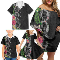 Hawaii DNA Kakau Tattoo Family Matching Off Shoulder Short Dress and Hawaiian Shirt with Plumeria and Hibiscus Tropical Plants Black Color