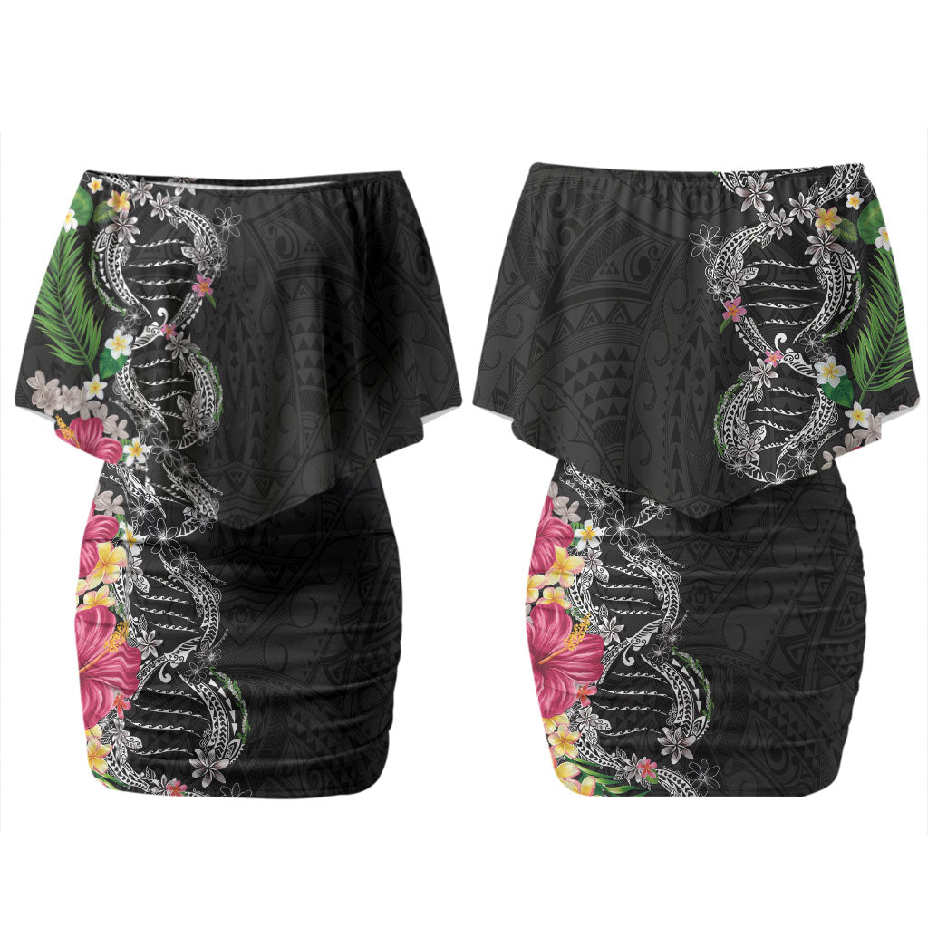 Hawaii DNA Kakau Tattoo Family Matching Off Shoulder Short Dress and Hawaiian Shirt with Plumeria and Hibiscus Tropical Plants Black Color