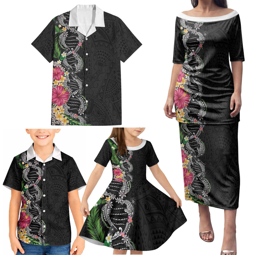 Hawaii DNA Kakau Tattoo Family Matching Puletasi and Hawaiian Shirt with Plumeria and Hibiscus Tropical Plants Black Color