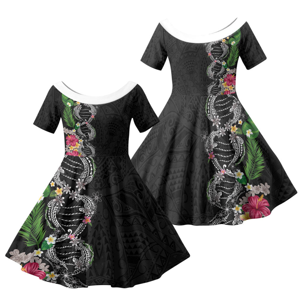 Hawaii DNA Kakau Tattoo Family Matching Puletasi and Hawaiian Shirt with Plumeria and Hibiscus Tropical Plants Black Color