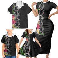 Hawaii DNA Kakau Tattoo Family Matching Short Sleeve Bodycon Dress and Hawaiian Shirt with Plumeria and Hibiscus Tropical Plants Black Color
