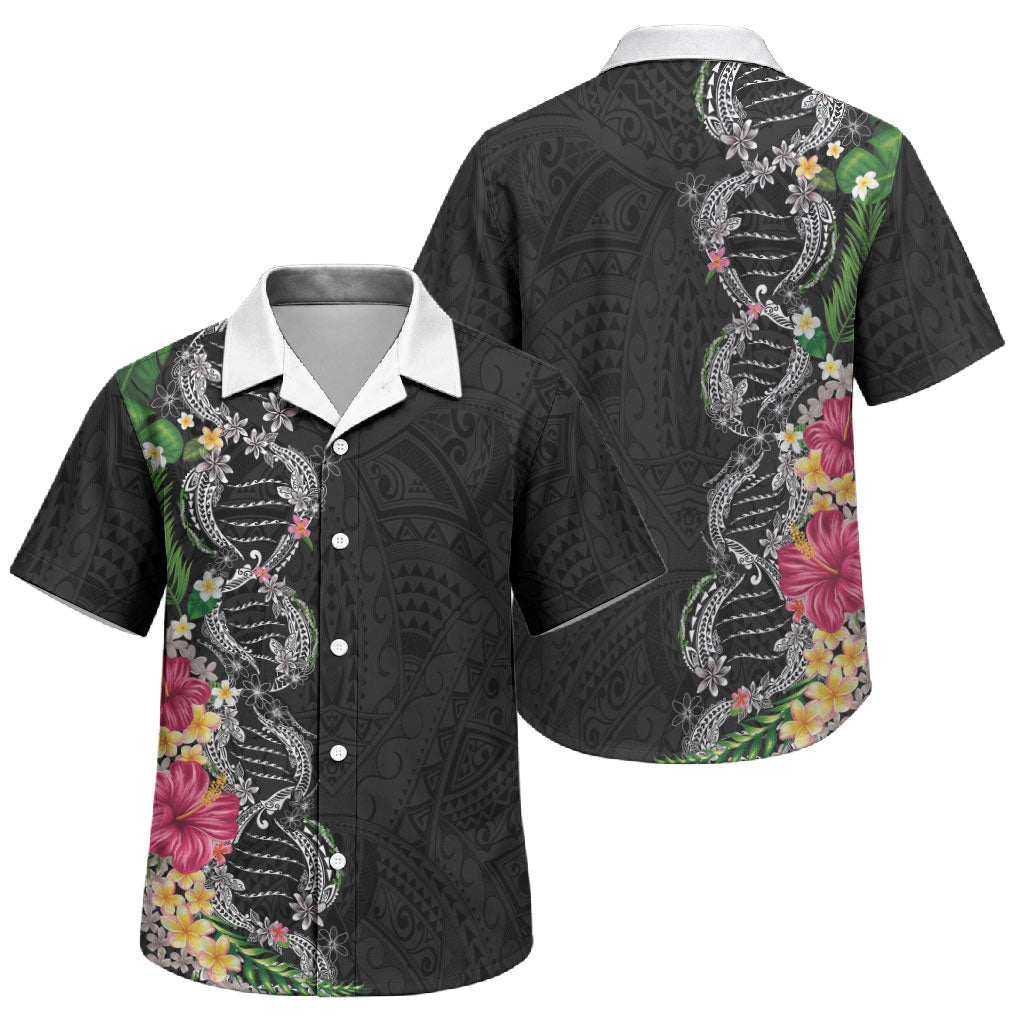 Hawaii DNA Kakau Tattoo Family Matching Short Sleeve Bodycon Dress and Hawaiian Shirt with Plumeria and Hibiscus Tropical Plants Black Color