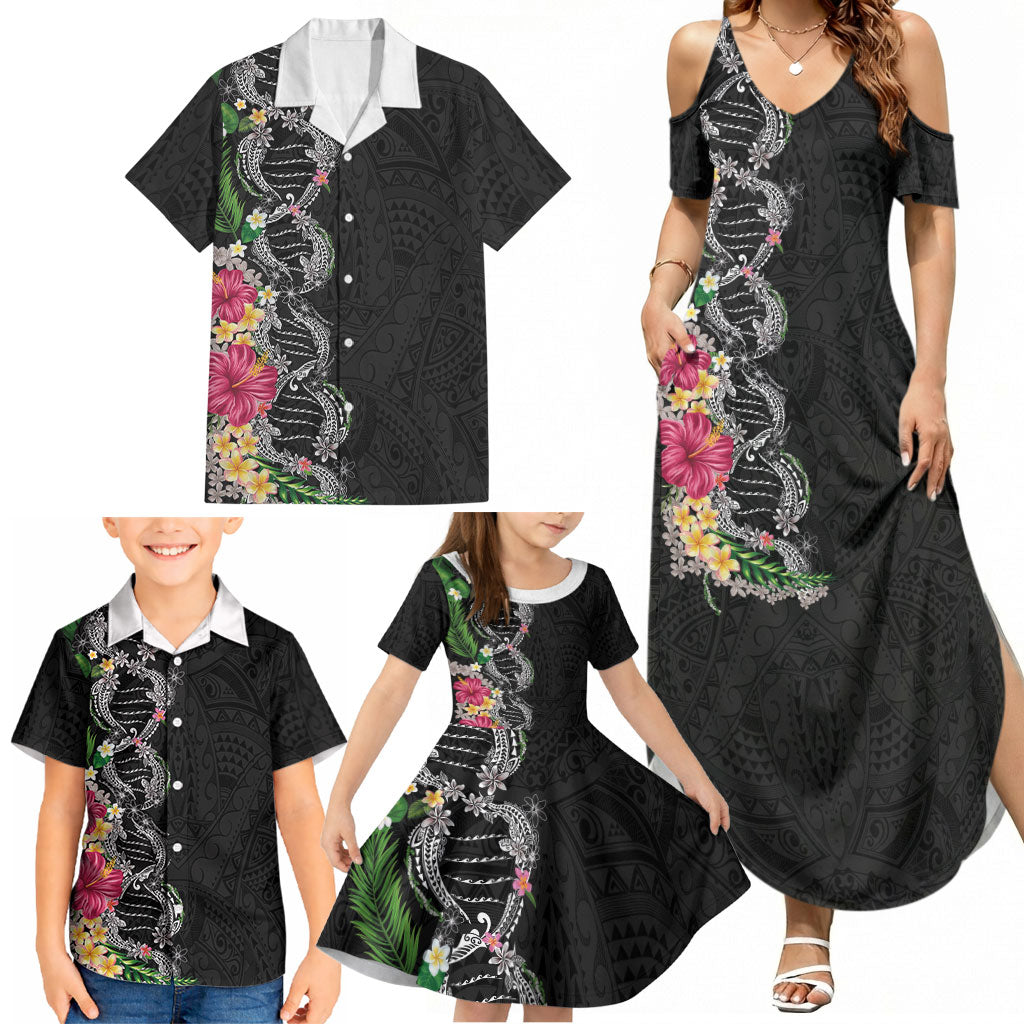 Hawaii DNA Kakau Tattoo Family Matching Summer Maxi Dress and Hawaiian Shirt with Plumeria and Hibiscus Tropical Plants Black Color LT03 - Polynesian Pride