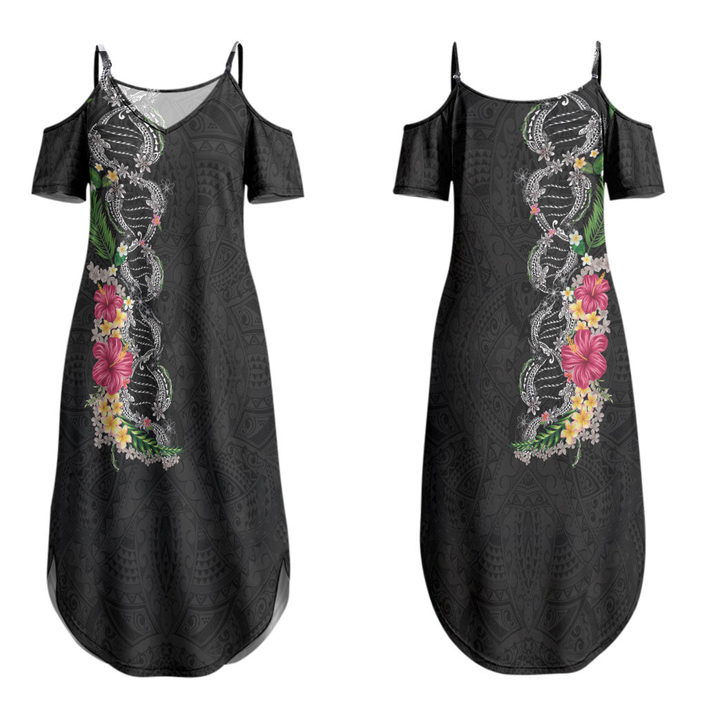 Hawaii DNA Kakau Tattoo Family Matching Summer Maxi Dress and Hawaiian Shirt with Plumeria and Hibiscus Tropical Plants Black Color