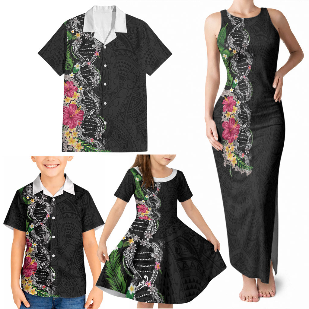 Hawaii DNA Kakau Tattoo Family Matching Tank Maxi Dress and Hawaiian Shirt with Plumeria and Hibiscus Tropical Plants Black Color LT03 - Polynesian Pride