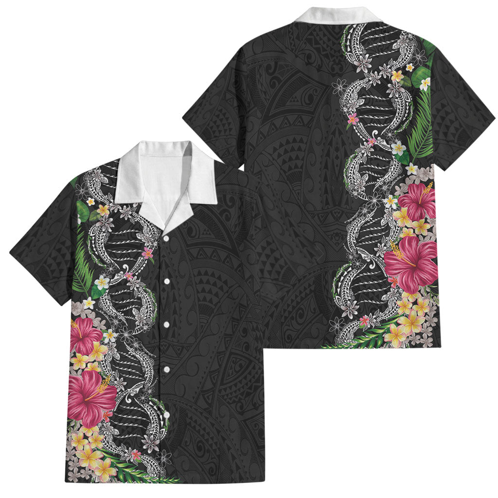 Hawaii DNA Kakau Tattoo Family Matching Tank Maxi Dress and Hawaiian Shirt with Plumeria and Hibiscus Tropical Plants Black Color