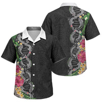 Hawaii DNA Kakau Tattoo Family Matching Tank Maxi Dress and Hawaiian Shirt with Plumeria and Hibiscus Tropical Plants Black Color