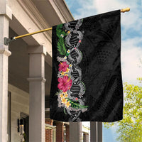 Hawaii DNA Kakau Tattoo Garden Flag with Plumeria and Hibiscus Tropical Plants Black Color