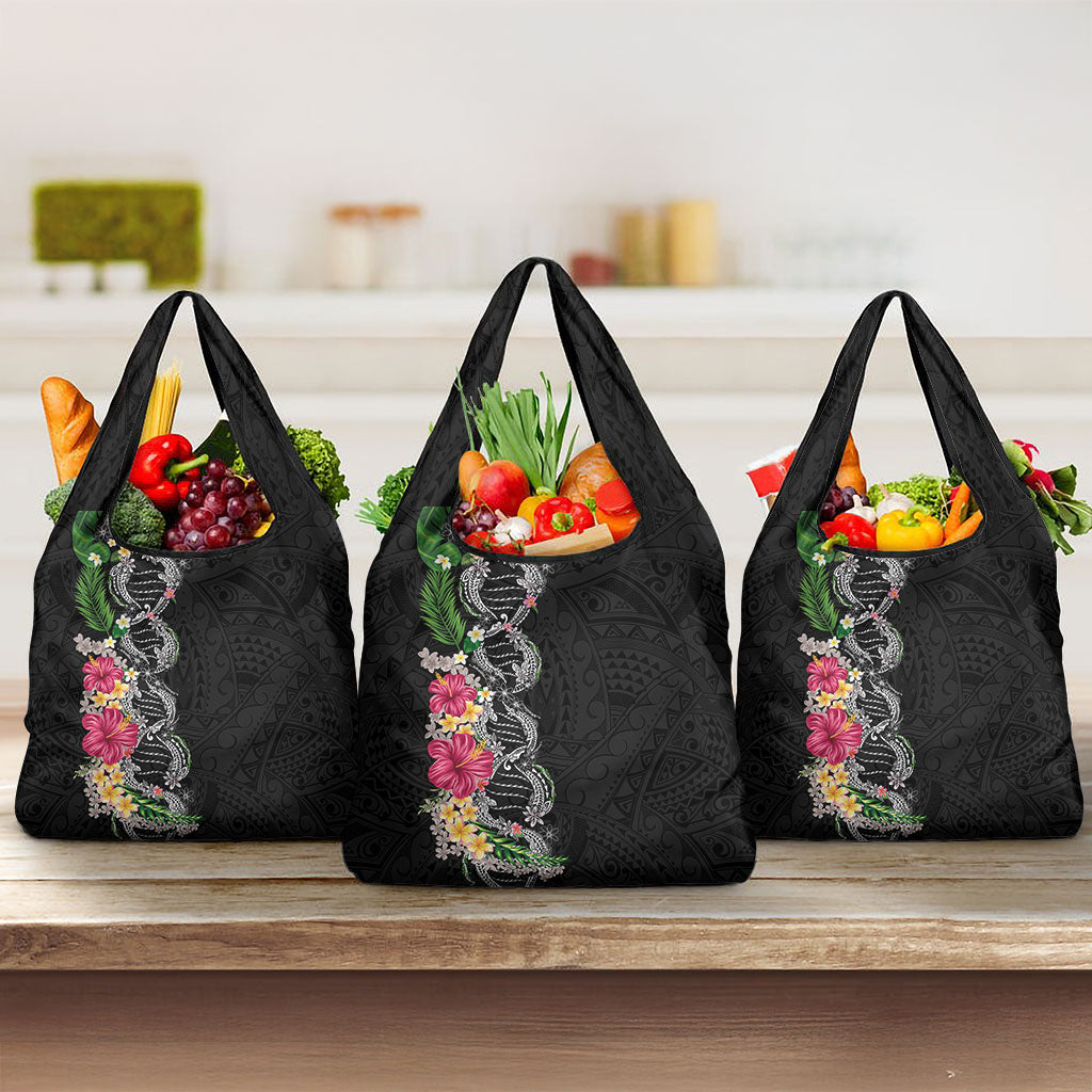 Hawaii DNA Kakau Tattoo Grocery Bag with Plumeria and Hibiscus Tropical Plants Black Color