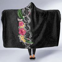 Hawaii DNA Kakau Tattoo Hooded Blanket with Plumeria and Hibiscus Tropical Plants Black Color