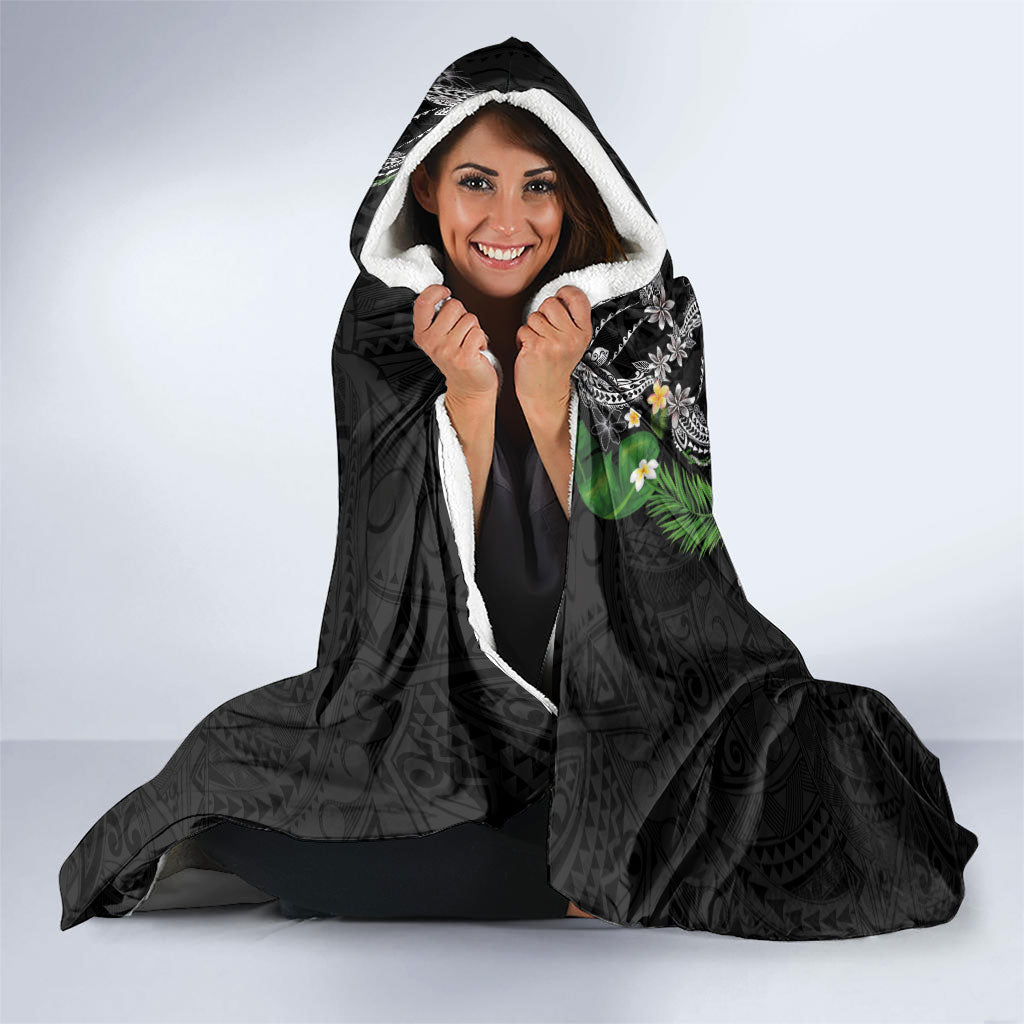 Hawaii DNA Kakau Tattoo Hooded Blanket with Plumeria and Hibiscus Tropical Plants Black Color