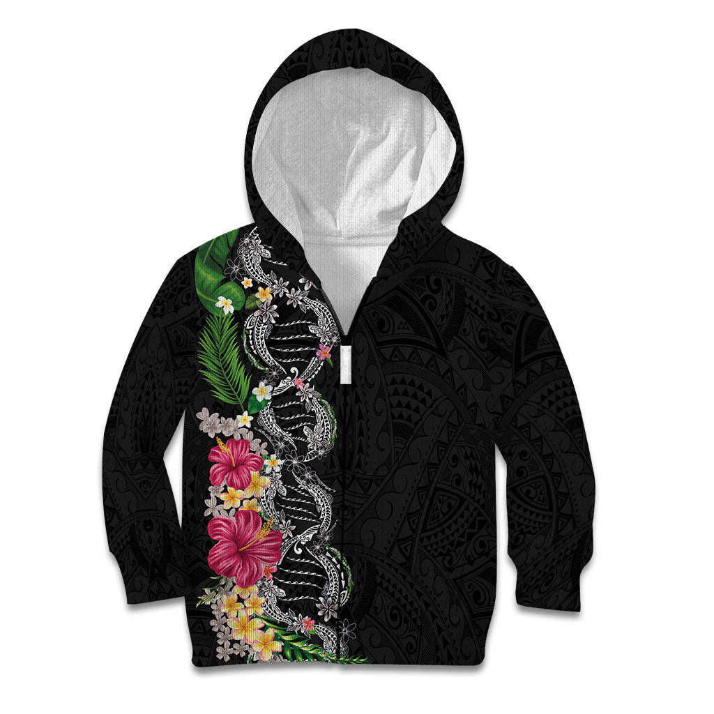 Hawaii DNA Kakau Tattoo Kid Hoodie with Plumeria and Hibiscus Tropical Plants Black Color