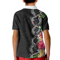 Hawaii DNA Kakau Tattoo Kid Polo Shirt with Plumeria and Hibiscus Tropical Plants Black Color