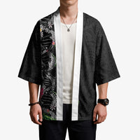 Hawaii DNA Kakau Tattoo Kimono with Plumeria and Hibiscus Tropical Plants Black Color