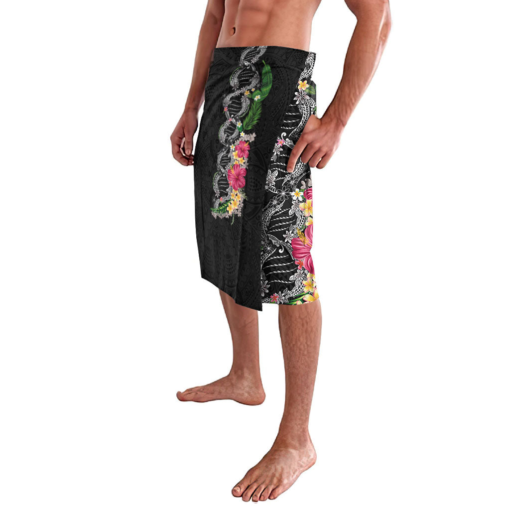 Hawaii DNA Kakau Tattoo Lavalava with Plumeria and Hibiscus Tropical Plants Black Color