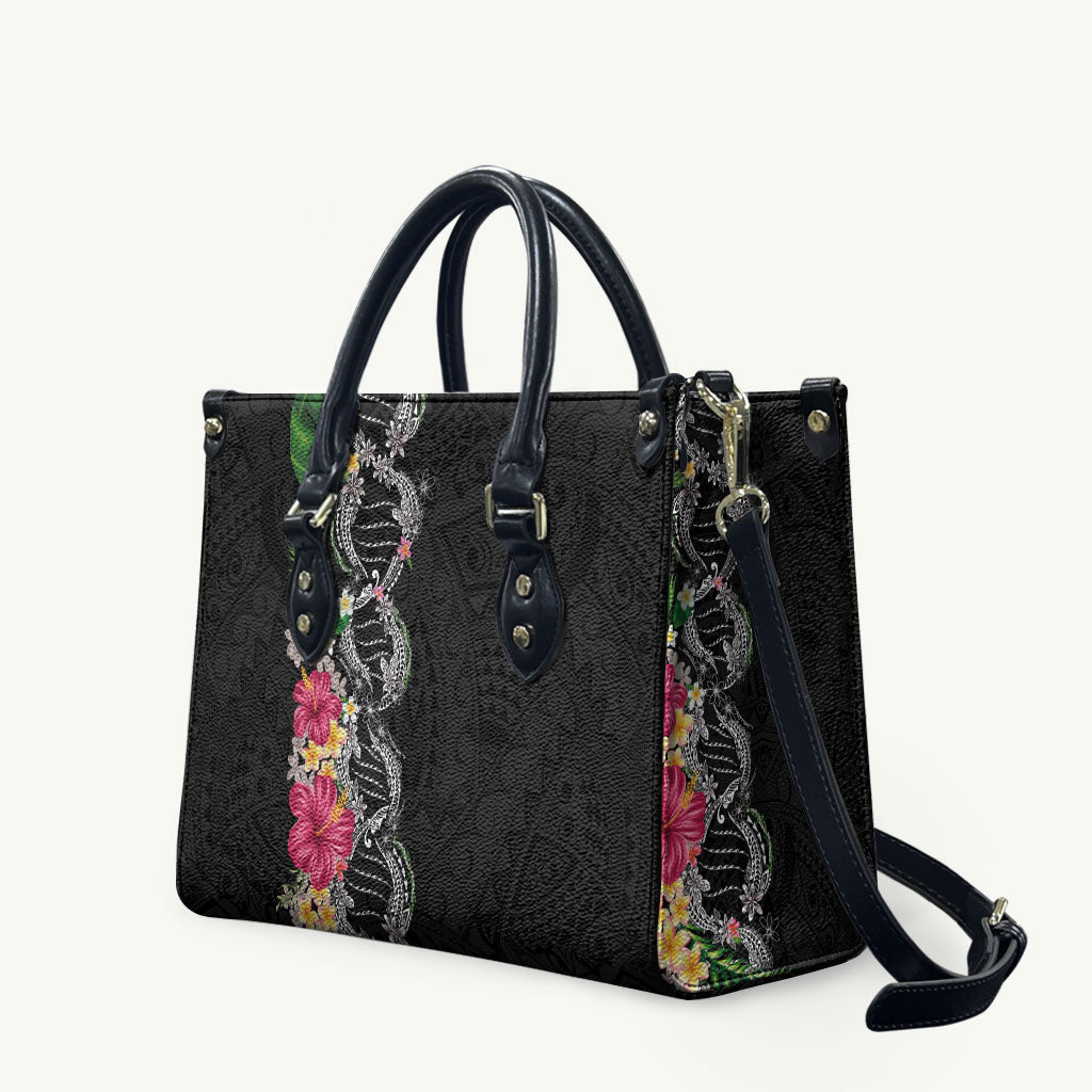Hawaii DNA Kakau Tattoo Leather Bag with Plumeria and Hibiscus Tropical Plants Black Color