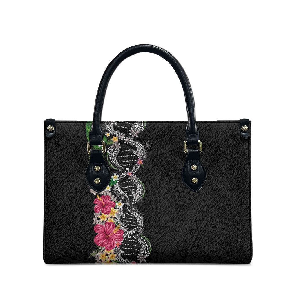 Hawaii DNA Kakau Tattoo Leather Bag with Plumeria and Hibiscus Tropical Plants Black Color