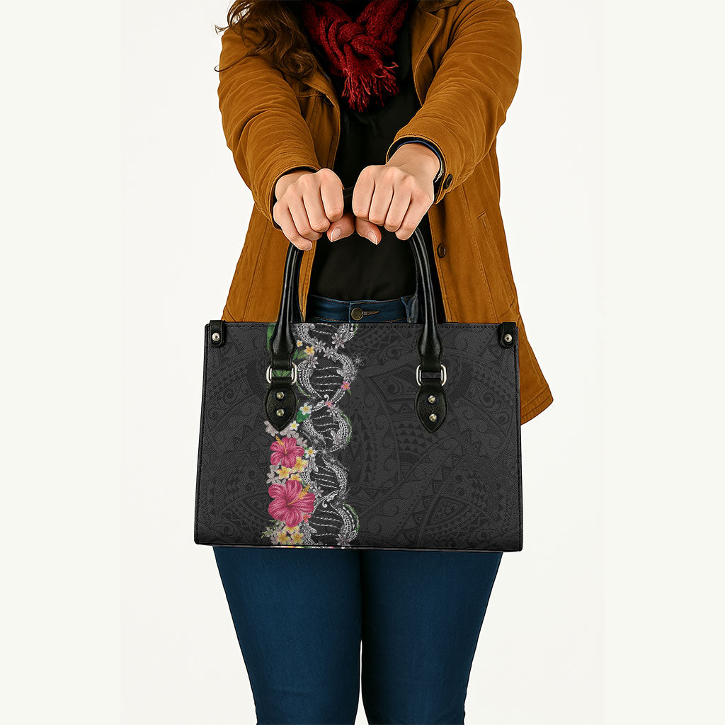 Hawaii DNA Kakau Tattoo Leather Bag with Plumeria and Hibiscus Tropical Plants Black Color
