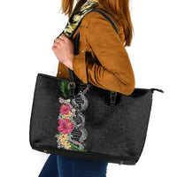 Hawaii DNA Kakau Tattoo Leather Tote Bag with Plumeria and Hibiscus Tropical Plants Black Color