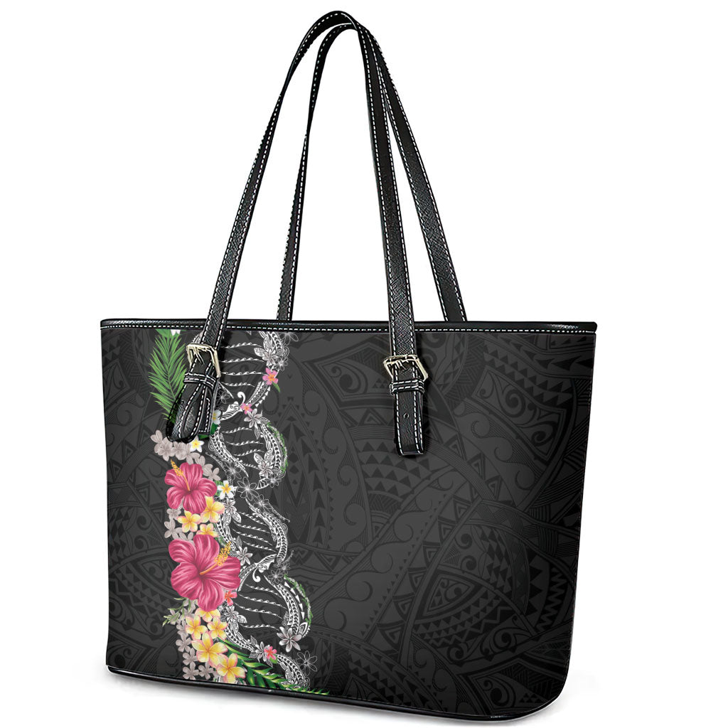 Hawaii DNA Kakau Tattoo Leather Tote Bag with Plumeria and Hibiscus Tropical Plants Black Color