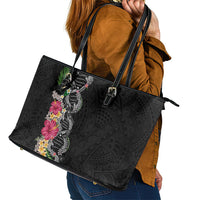 Hawaii DNA Kakau Tattoo Leather Tote Bag with Plumeria and Hibiscus Tropical Plants Black Color