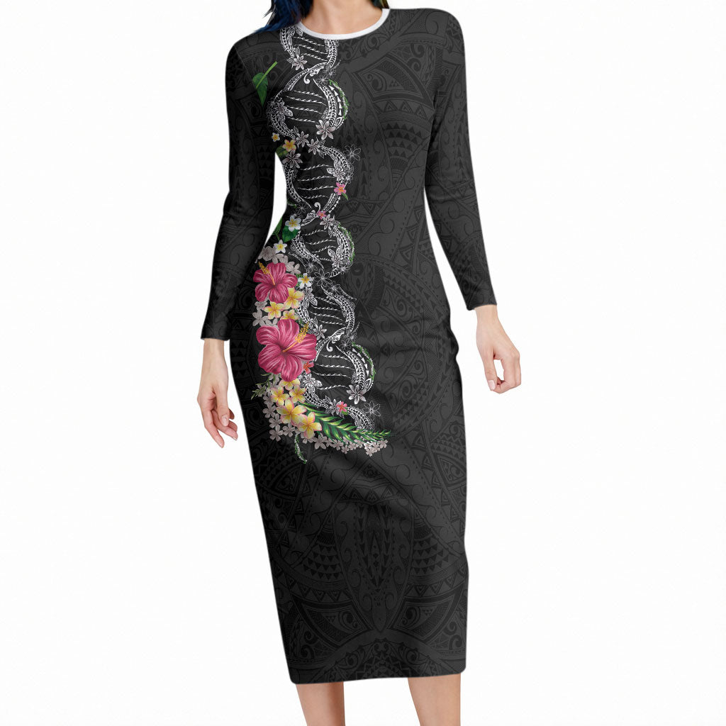 Hawaii DNA Kakau Tattoo Long Sleeve Bodycon Dress with Plumeria and Hibiscus Tropical Plants Black Color