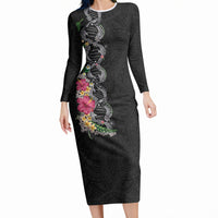 Hawaii DNA Kakau Tattoo Long Sleeve Bodycon Dress with Plumeria and Hibiscus Tropical Plants Black Color