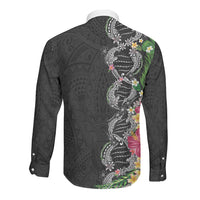 Hawaii DNA Kakau Tattoo Long Sleeve Button Shirt with Plumeria and Hibiscus Tropical Plants Black Color