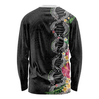 Hawaii DNA Kakau Tattoo Long Sleeve Shirt with Plumeria and Hibiscus Tropical Plants Black Color