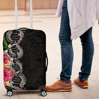 Hawaii DNA Kakau Tattoo Luggage Cover with Plumeria and Hibiscus Tropical Plants Black Color