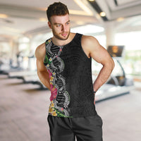 Hawaii DNA Kakau Tattoo Men Tank Top with Plumeria and Hibiscus Tropical Plants Black Color