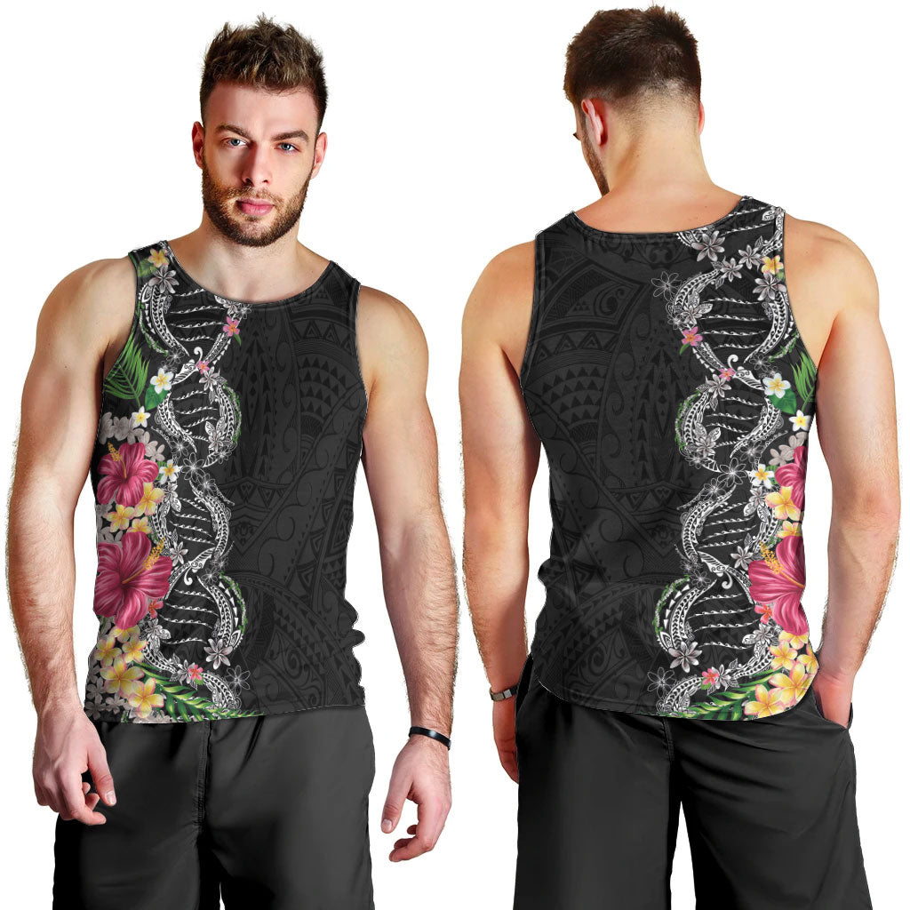 Hawaii DNA Kakau Tattoo Men Tank Top with Plumeria and Hibiscus Tropical Plants Black Color