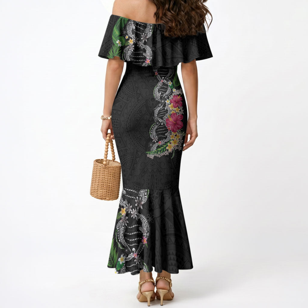 Hawaii DNA Kakau Tattoo Mermaid Dress with Plumeria and Hibiscus Tropical Plants Black Color
