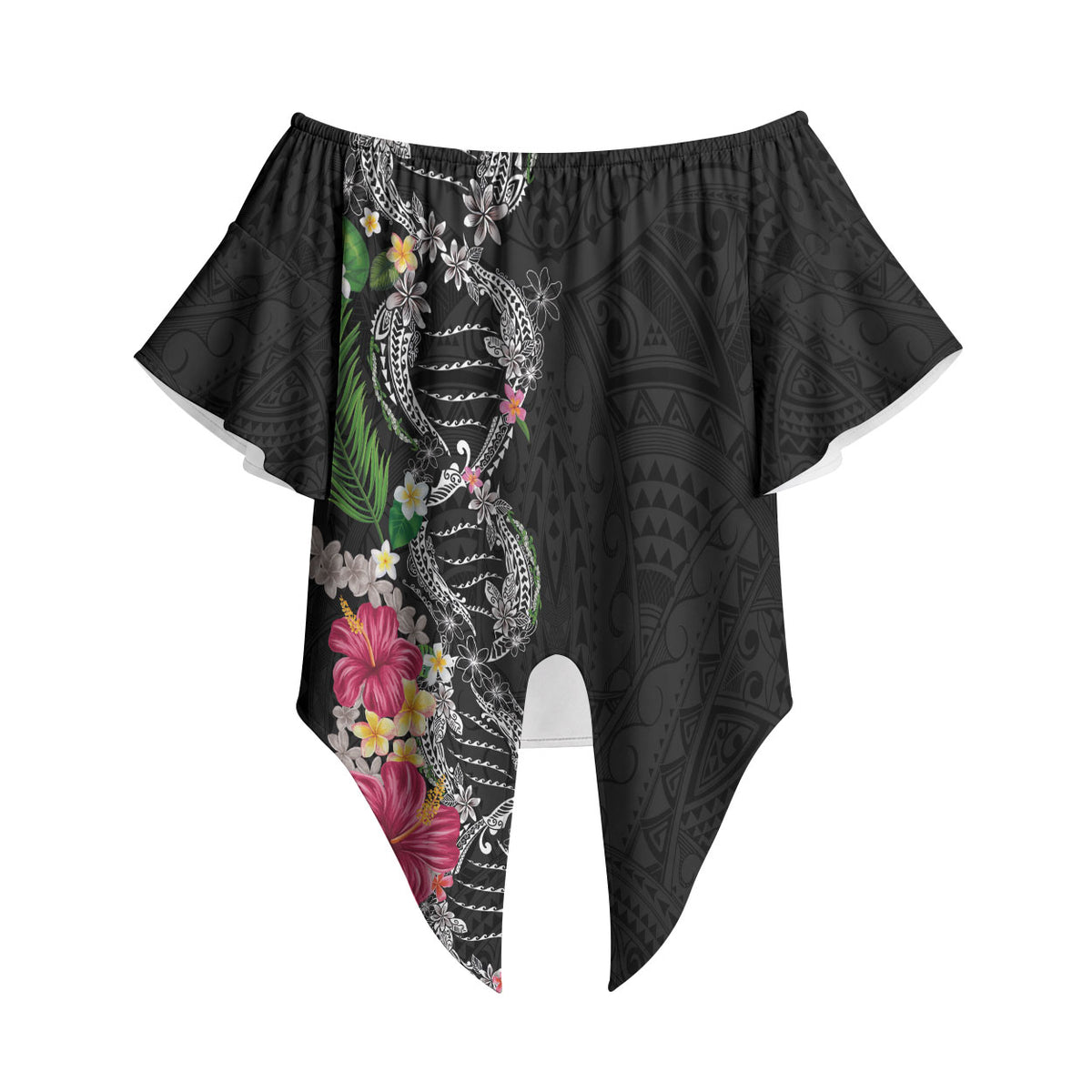 Hawaii DNA Kakau Tattoo Off Shoulder Wrap Waist Top with Plumeria and Hibiscus Tropical Plants Black Color LT03 Black - Polynesian Pride