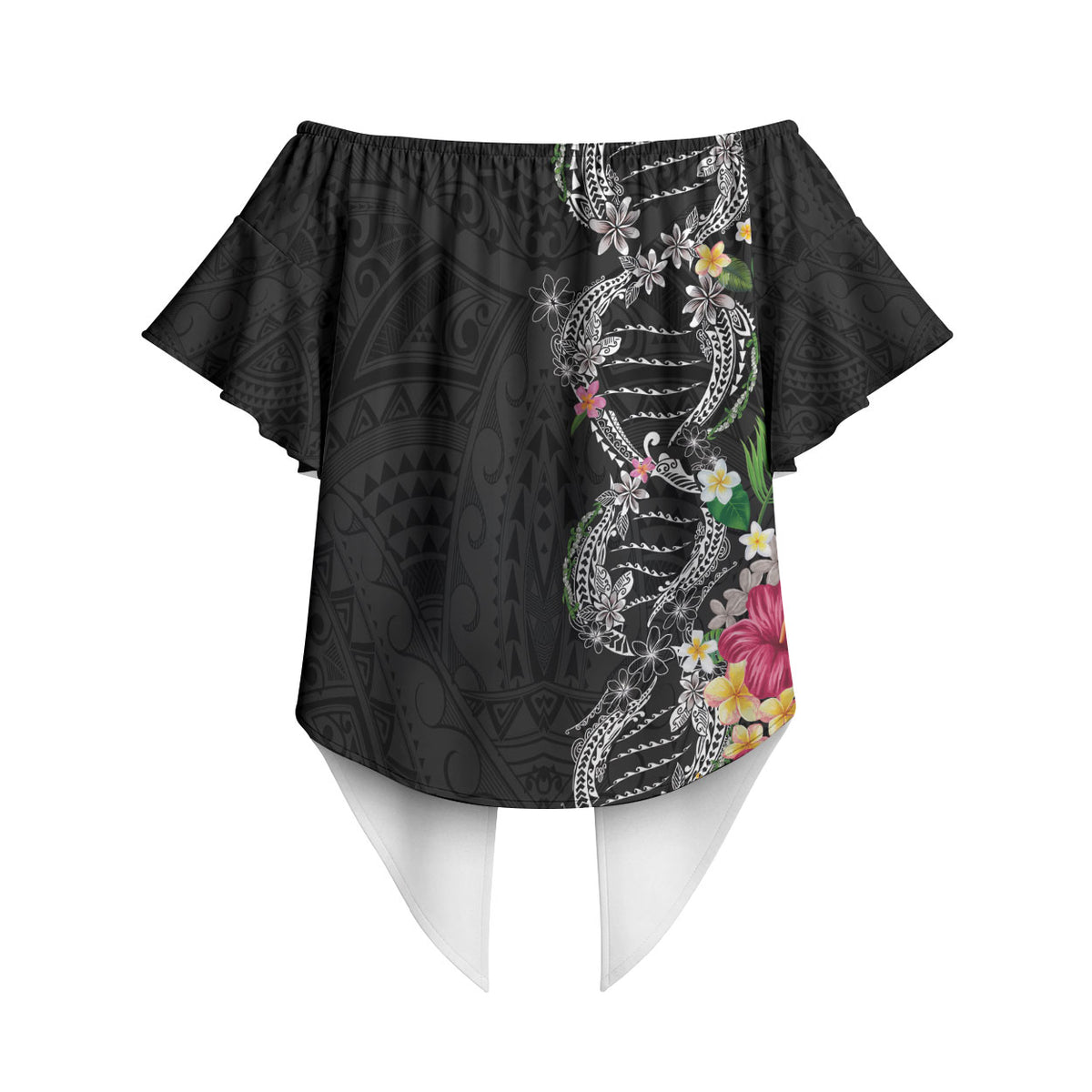 Hawaii DNA Kakau Tattoo Off Shoulder Wrap Waist Top with Plumeria and Hibiscus Tropical Plants Black Color LT03 - Polynesian Pride