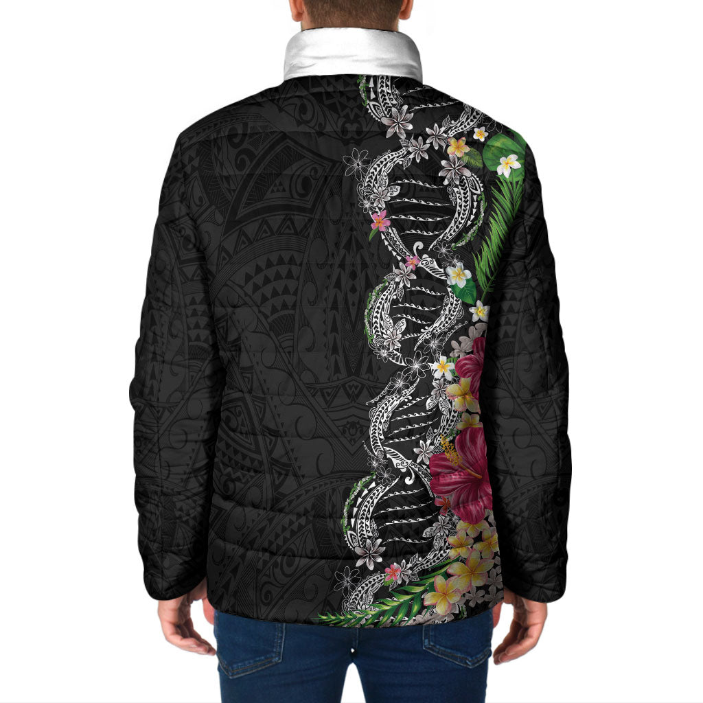 Hawaii DNA Kakau Tattoo Padded Jacket with Plumeria and Hibiscus Tropical Plants Black Color